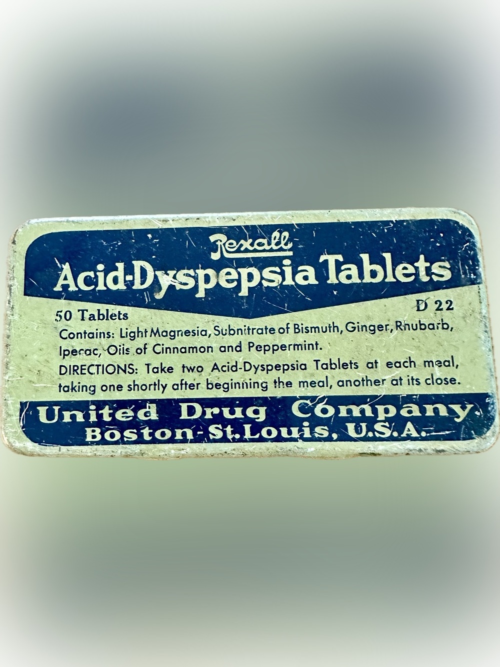 Rexall Vintage Collectible Blue Acid-Dyspepsia Tablet Tin